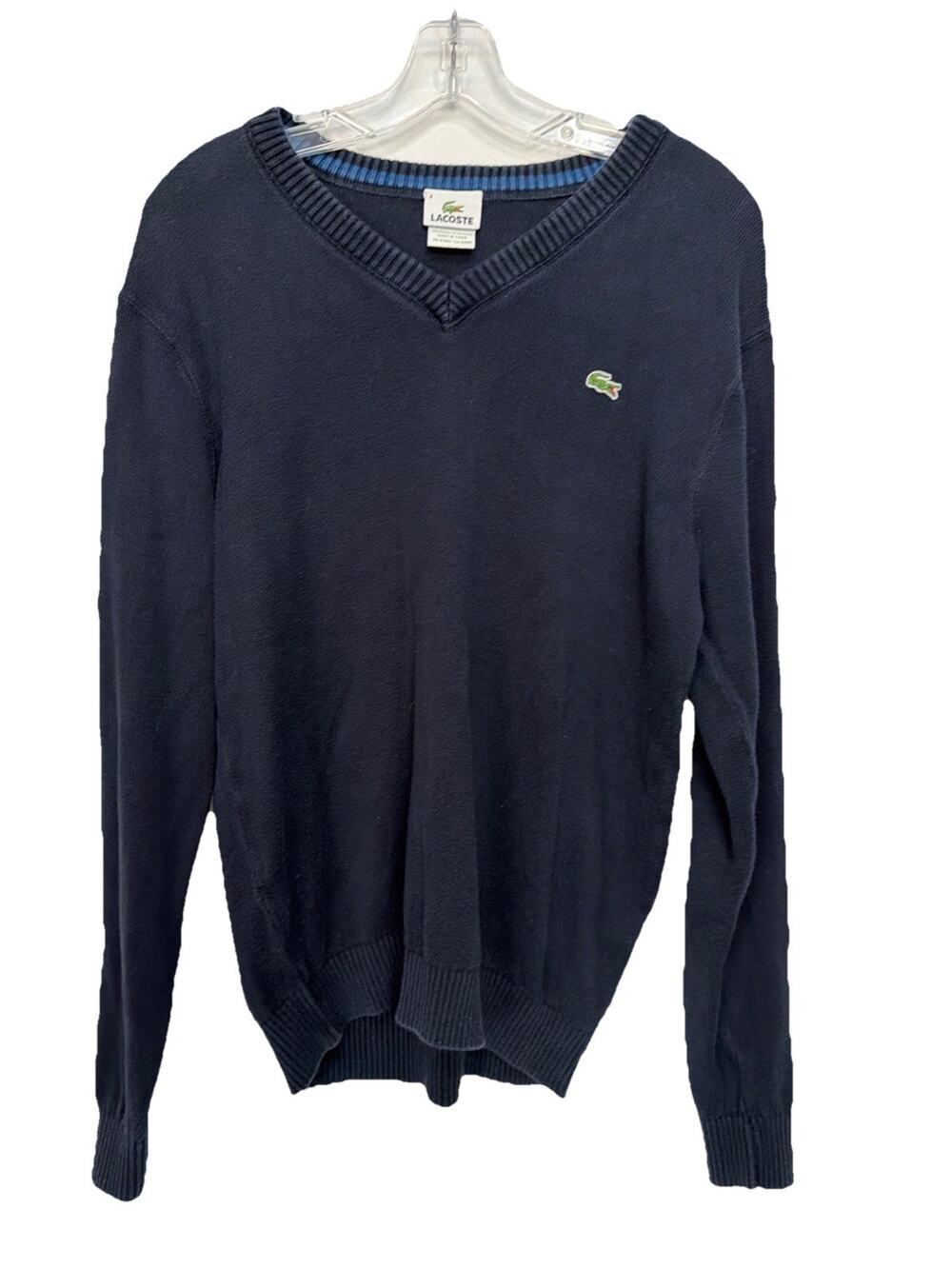 Lacoste Sweater Mens Size 4 Navy Blue V-Neck Pullover Long Sleeve Logo